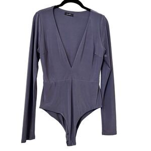 Sorella Plunge V-Neck Long Sleeve Jersey Knit Bodysuit Slate Blue Gray Large